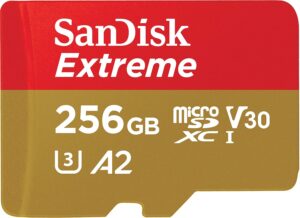 SanDisk Extreme microSD UHS I Card 256GB for 4K Video on Smartphones, Action Cams & Drones 190MB/s Read, 130MB/s Write.